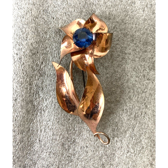 Vintage Sterling by Jordan Gold Blue Rhinestone Floral Brooch Pin Mid Century - Picture 1 of 7
